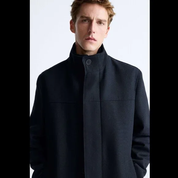 MEN Zara Navy Blue Coat with Removable Layered High Collar Size L NWT
